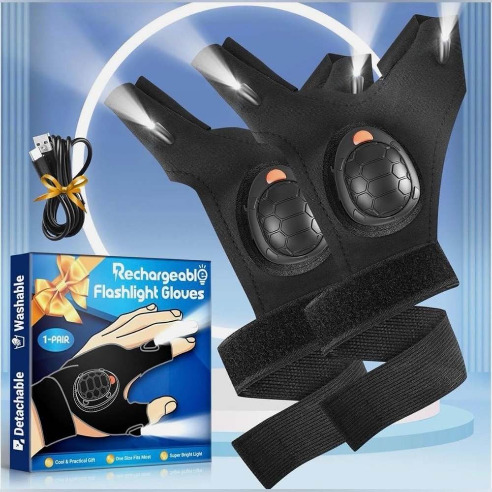 LED Flashlight Gloves - Rechargeable Detachable Washable Super Bright 1 Pair NIB
